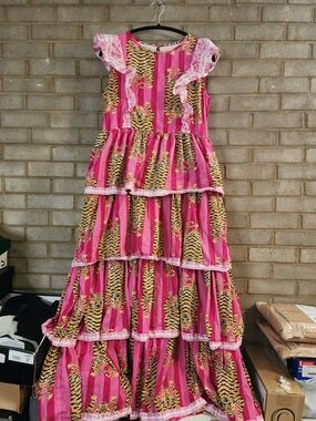 "Sweet Tiger Dress" Pink Tiger Print Tiered Maxi Dress